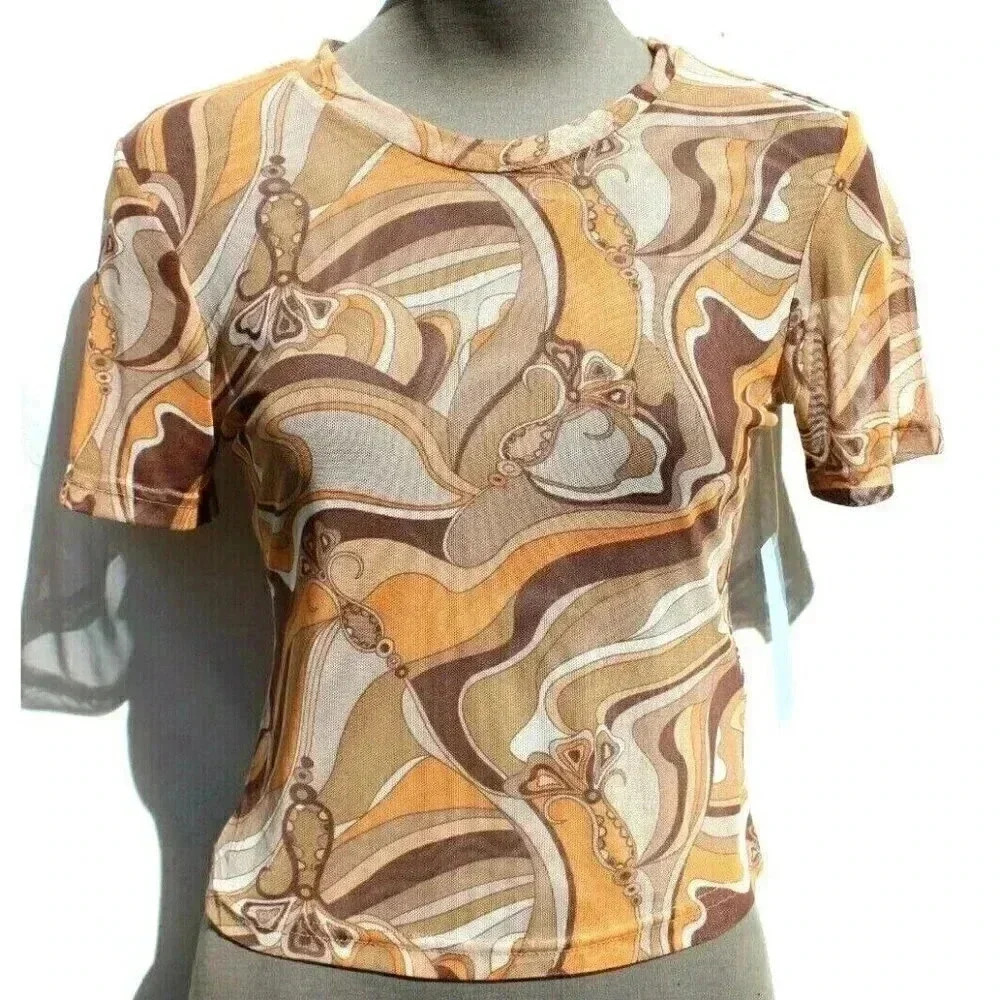 New Women's Girls Swirl Mesh Groovy Boho Crop Top Emo Girl Indie Core Shirt M